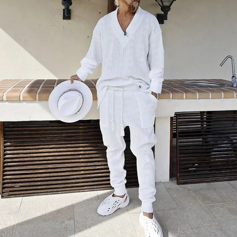 Knitted 2 PCS Sets V-Neck Long Sleeve Tops and Pants