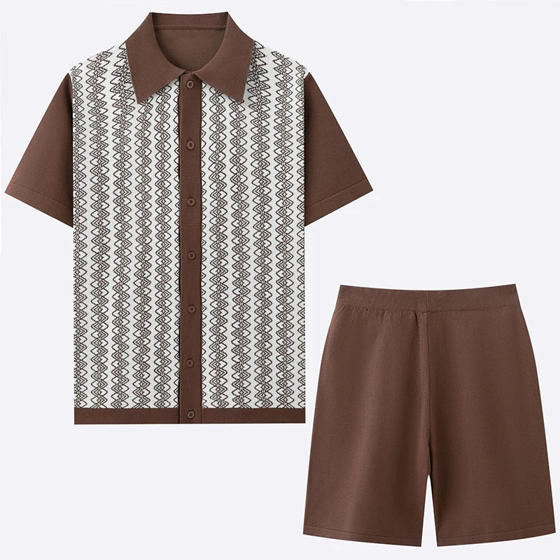 Knitted Patchwork Short Sleeve 2 Piece Set