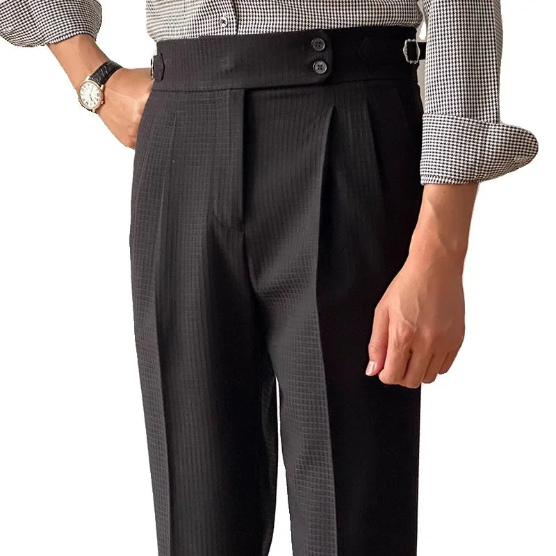 High-Waisted Straight-Leg Waffle Check Pants