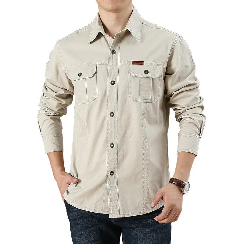 Men's Long Sleeve Double Pocket Khaki Shirt