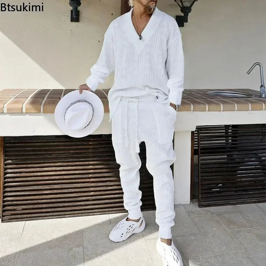 Knitted 2 PCS Sets V-Neck Long Sleeve Tops and Pants