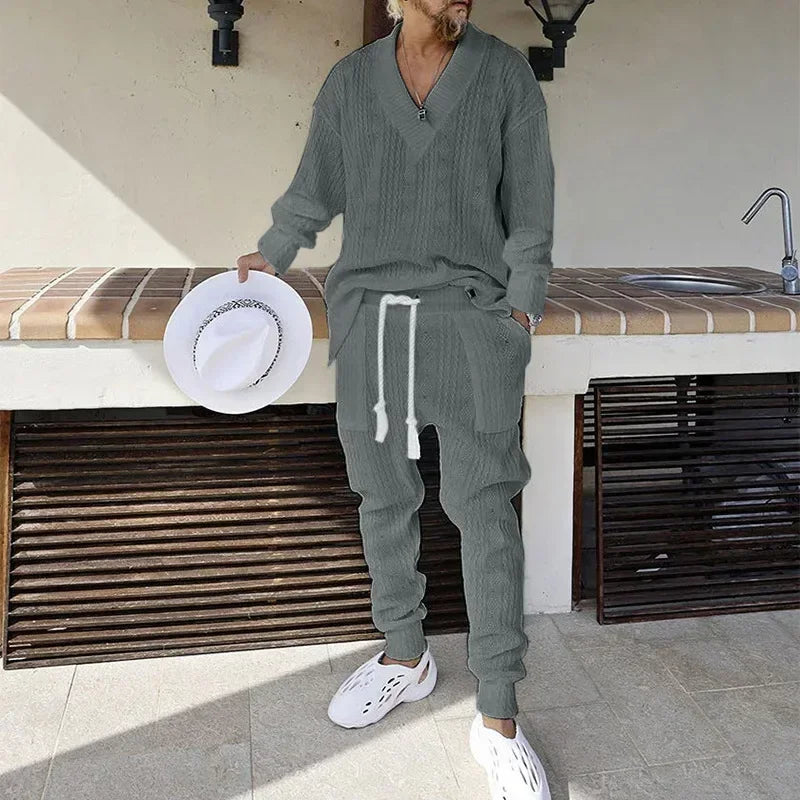 Knitted 2 PCS Sets V-Neck Long Sleeve Tops and Pants