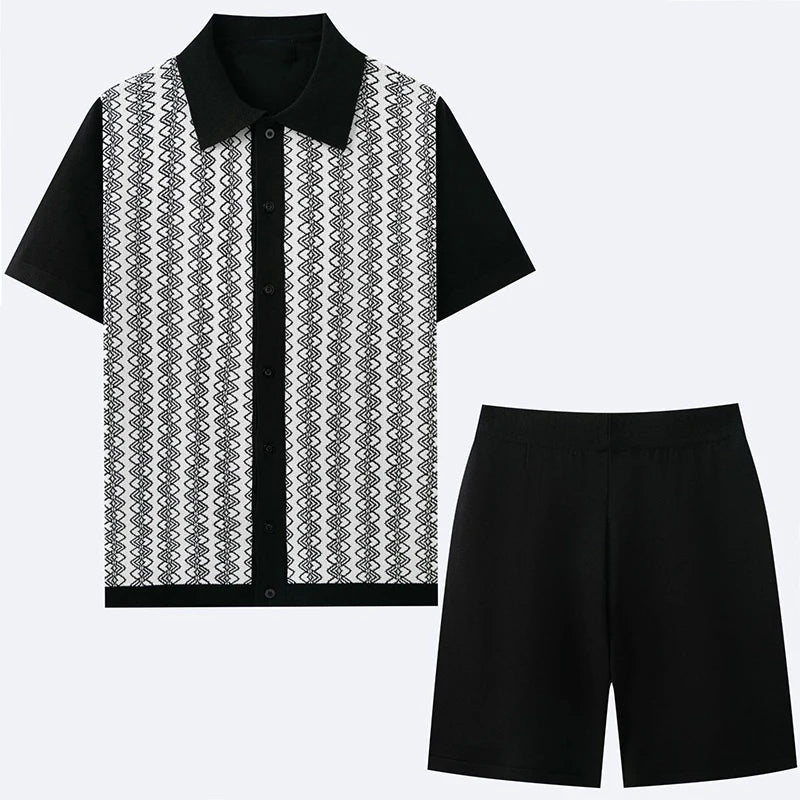 Knitted Patchwork Short Sleeve 2 Piece Set