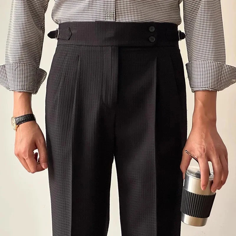 High-Waisted Straight-Leg Waffle Check Pants