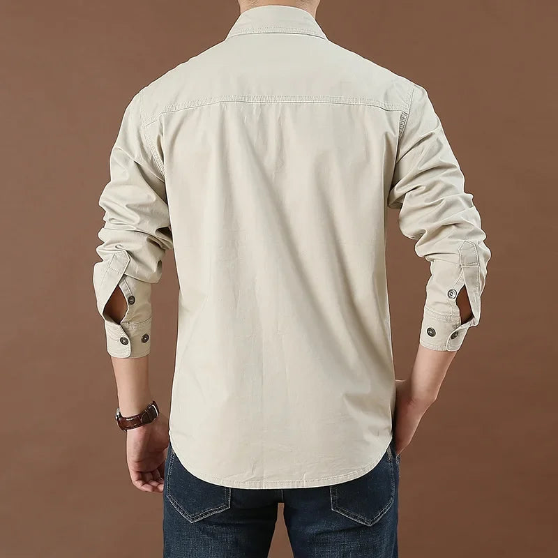 Men's Long Sleeve Double Pocket Khaki Shirt