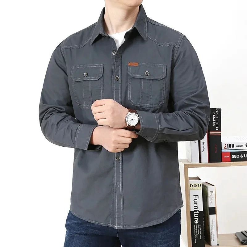 Men's Long Sleeve Double Pocket Khaki Shirt