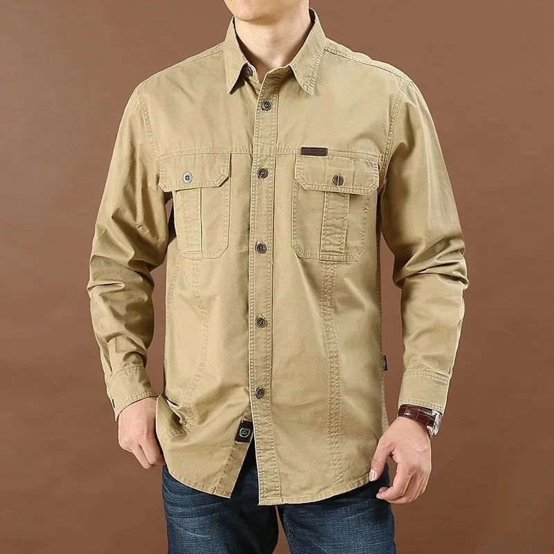 Men's Long Sleeve Double Pocket Khaki Shirt