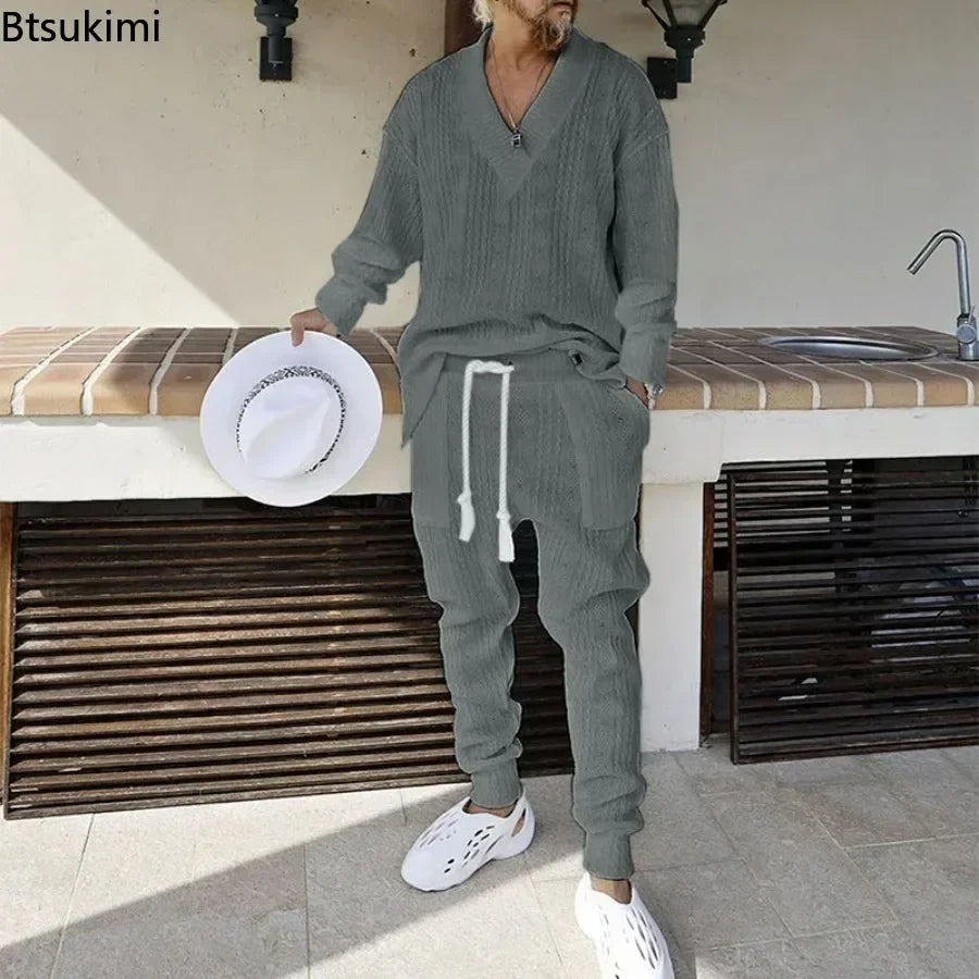 Knitted 2 PCS Sets V-Neck Long Sleeve Tops and Pants