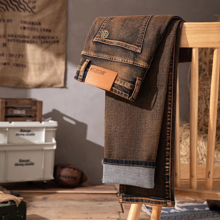 High-quality Denim Double-core Cotton Elastic Straight-fit Jeans