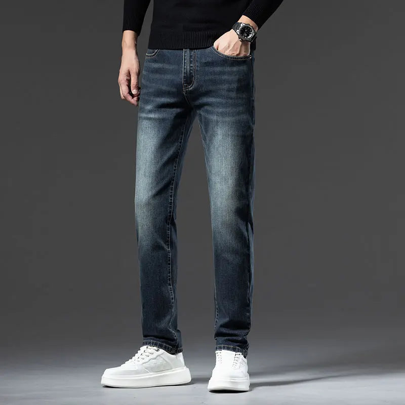 High-quality Denim Double-core Cotton Elastic Straight-fit Jeans