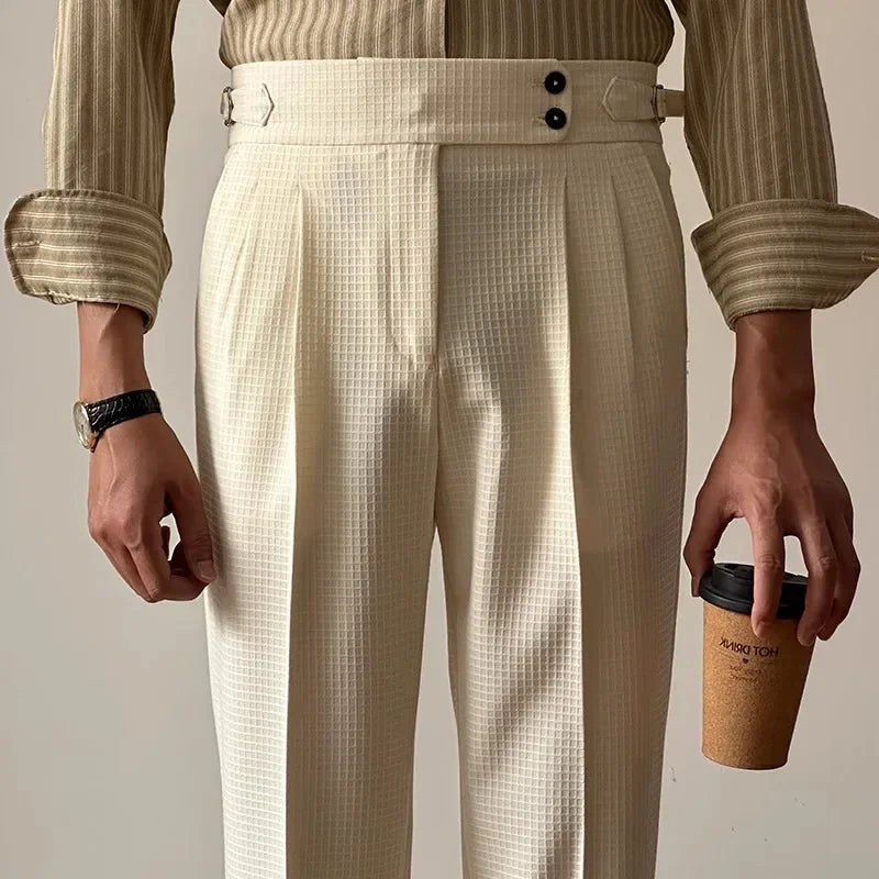 High-Waisted Straight-Leg Waffle Check Pants