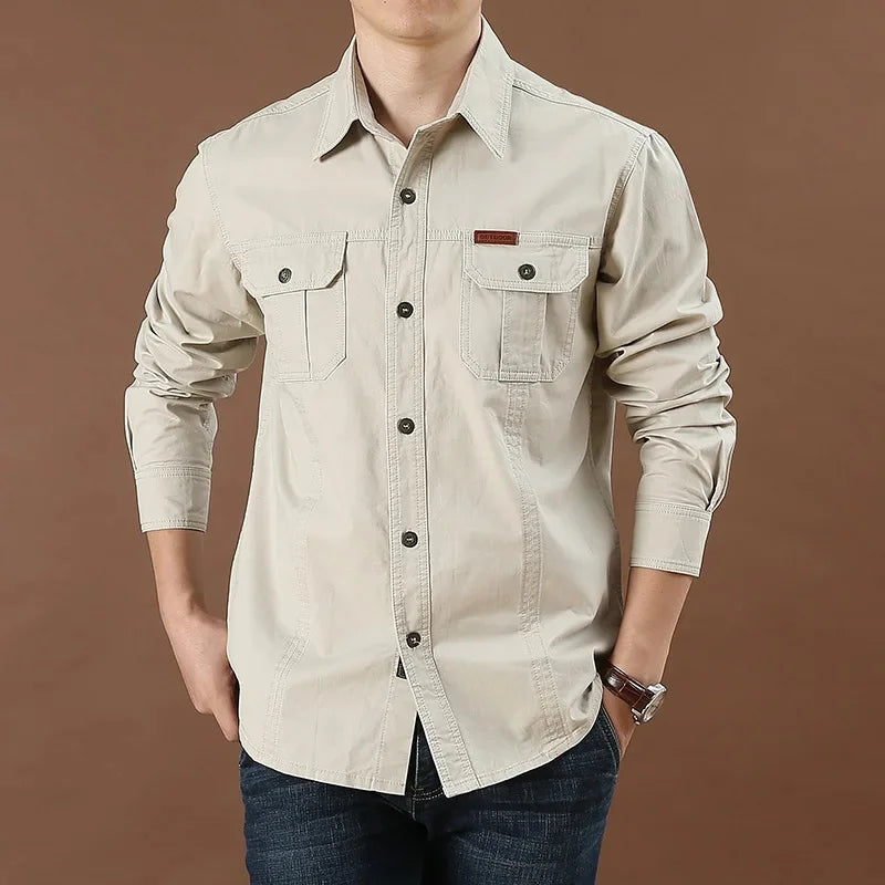 Men's Long Sleeve Double Pocket Khaki Shirt