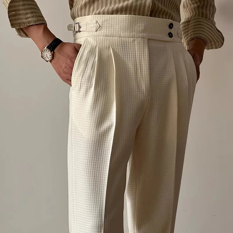 High-Waisted Straight-Leg Waffle Check Pants