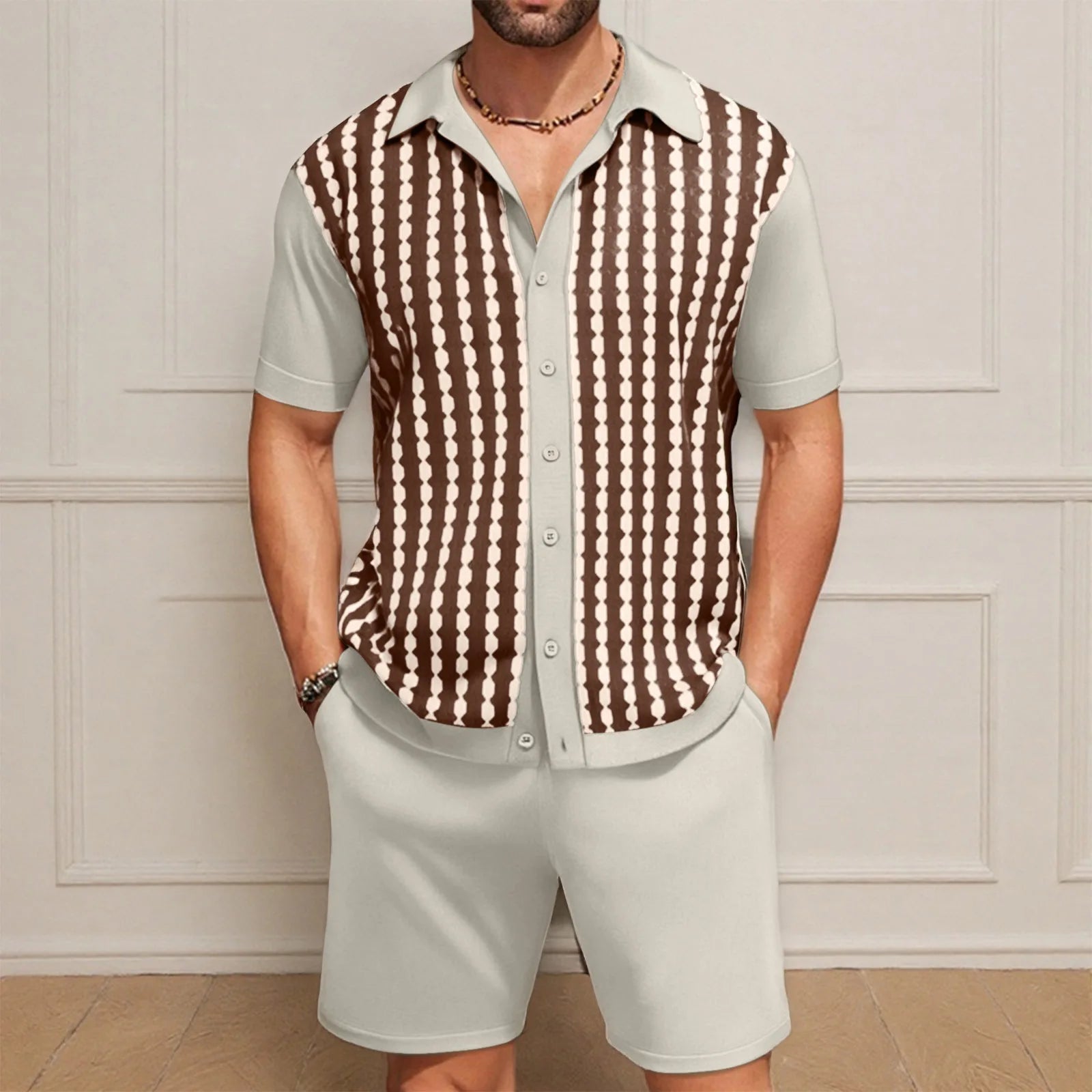 Knitted short-sleeved jacquard two-piece