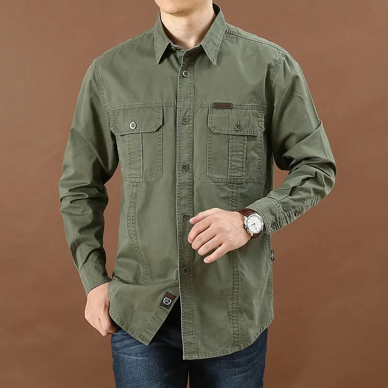 Men's Long Sleeve Double Pocket Khaki Shirt