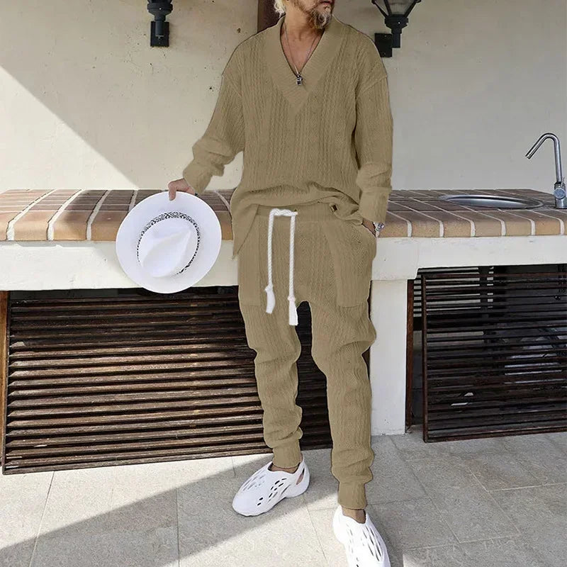 Knitted 2 PCS Sets V-Neck Long Sleeve Tops and Pants