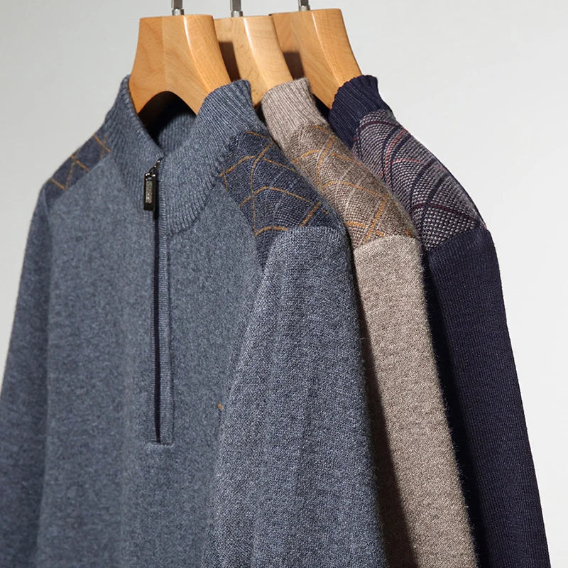 Zipper Patchwork Knitting Pullovers Striped