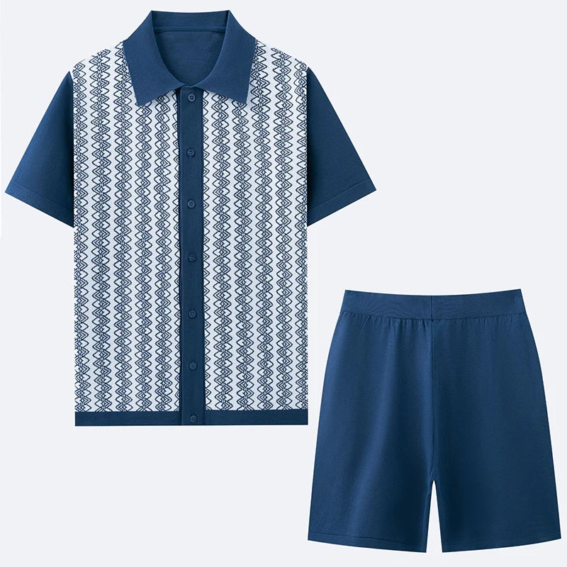 Knitted Patchwork Short Sleeve 2 Piece Set