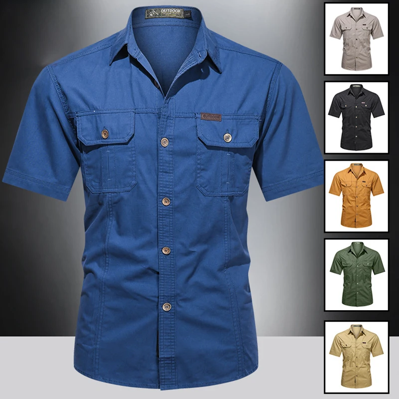 Single-breasted Short Sleeves Khaki Shirt