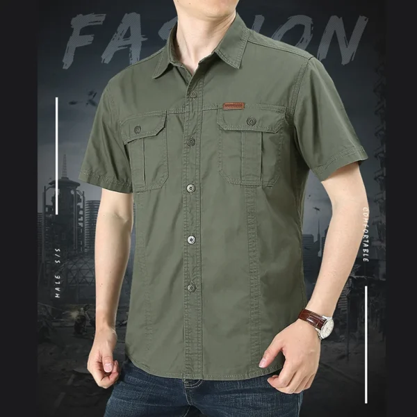 Single-breasted Short Sleeves Khaki Shirt - Image 3