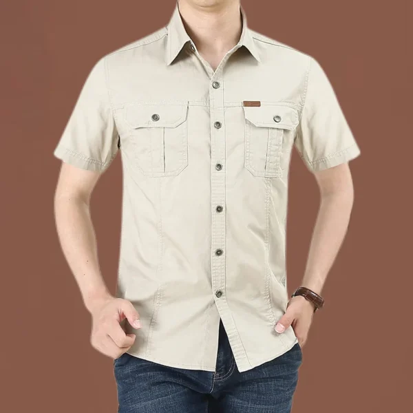 Single-breasted Short Sleeves Khaki Shirt - Image 4